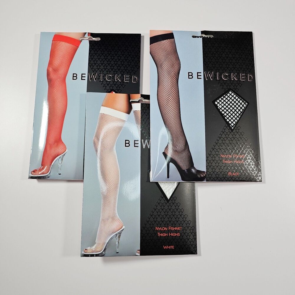 3 Pack BeWicked Nylon Fishnet Thigh High Stockings Bundle NIP Red White Black OS